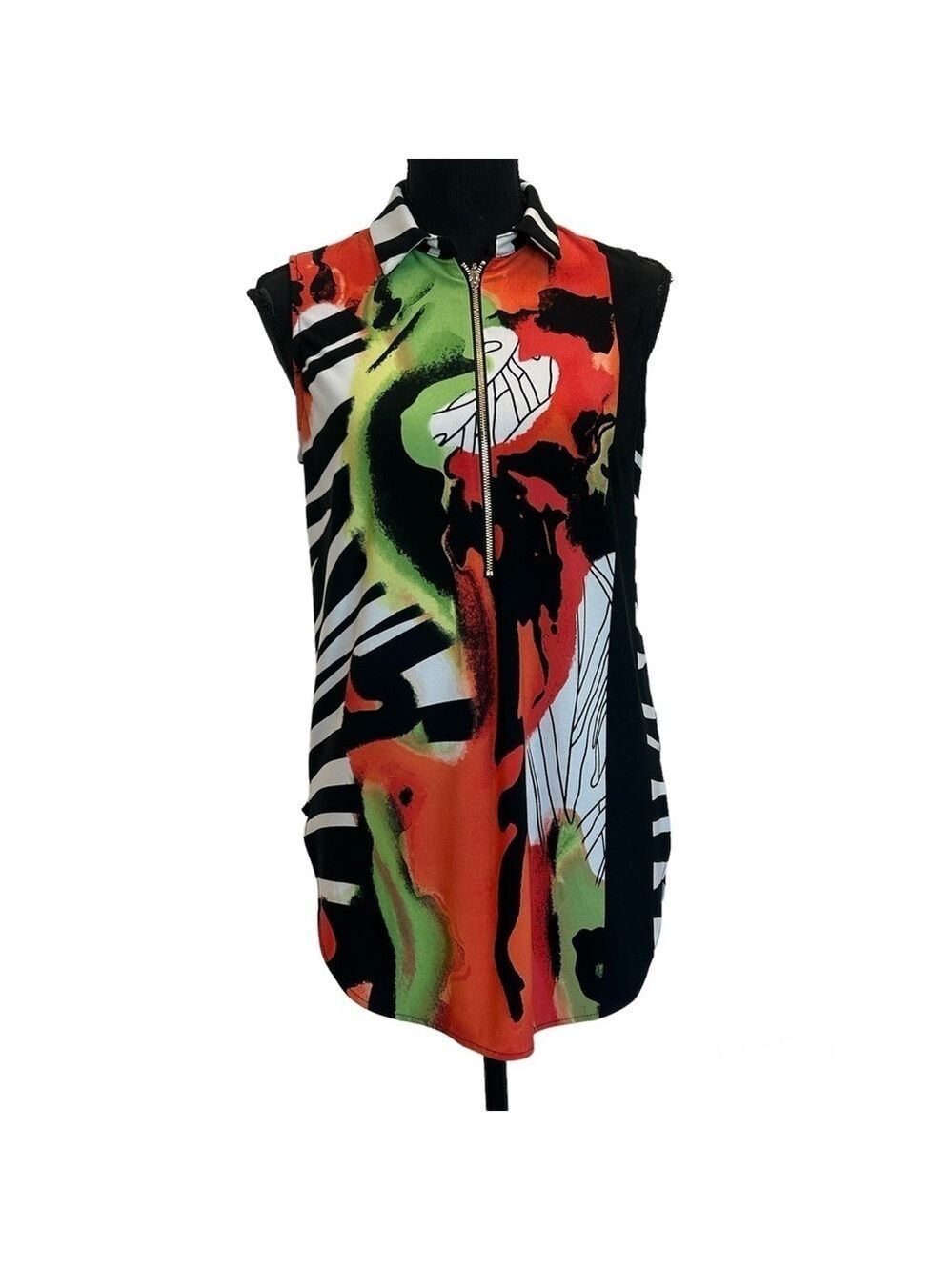 FRANK Lyman design red orange multicoloured zebra sleeveless zipper blouse Sz 6